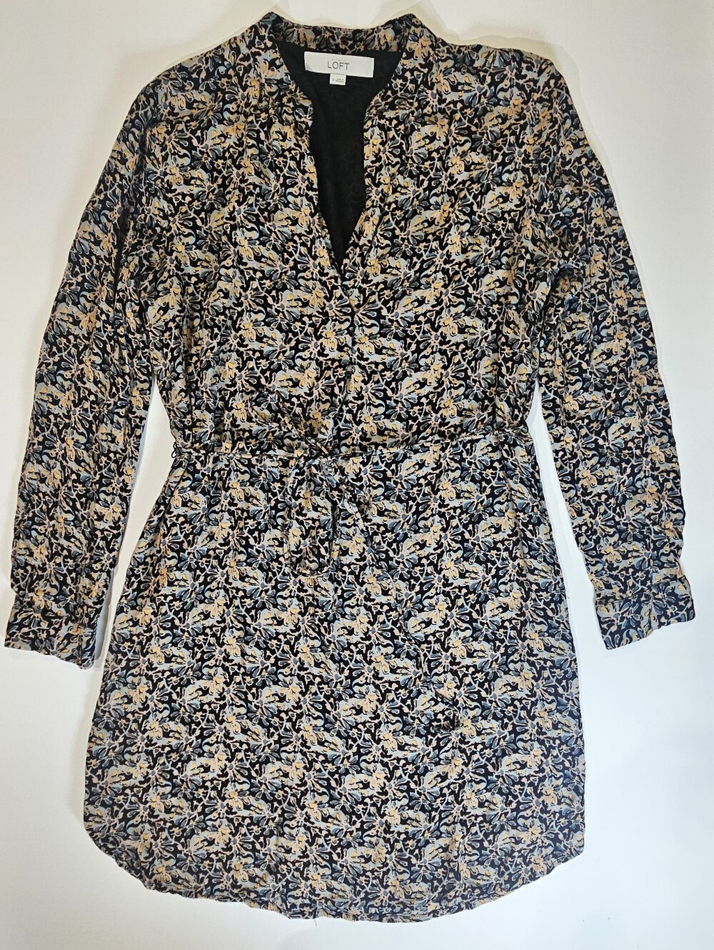Loft Midi Dress Womens Small Black Gold Brown Floral Cocktail Brunch Party Wear